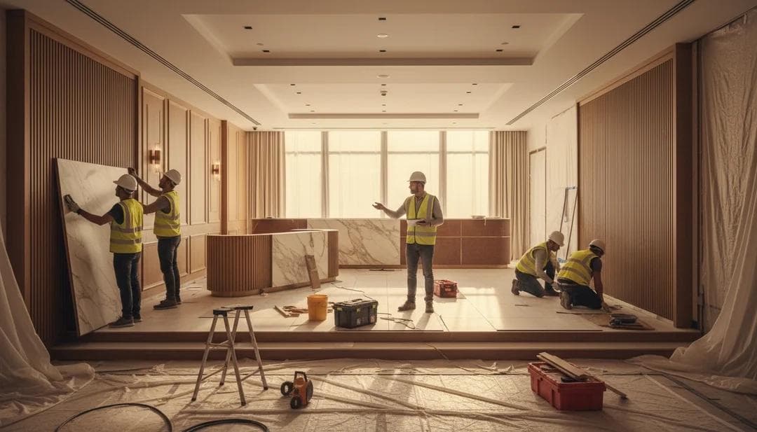 Construction crew installing finishes in a hospitality interior