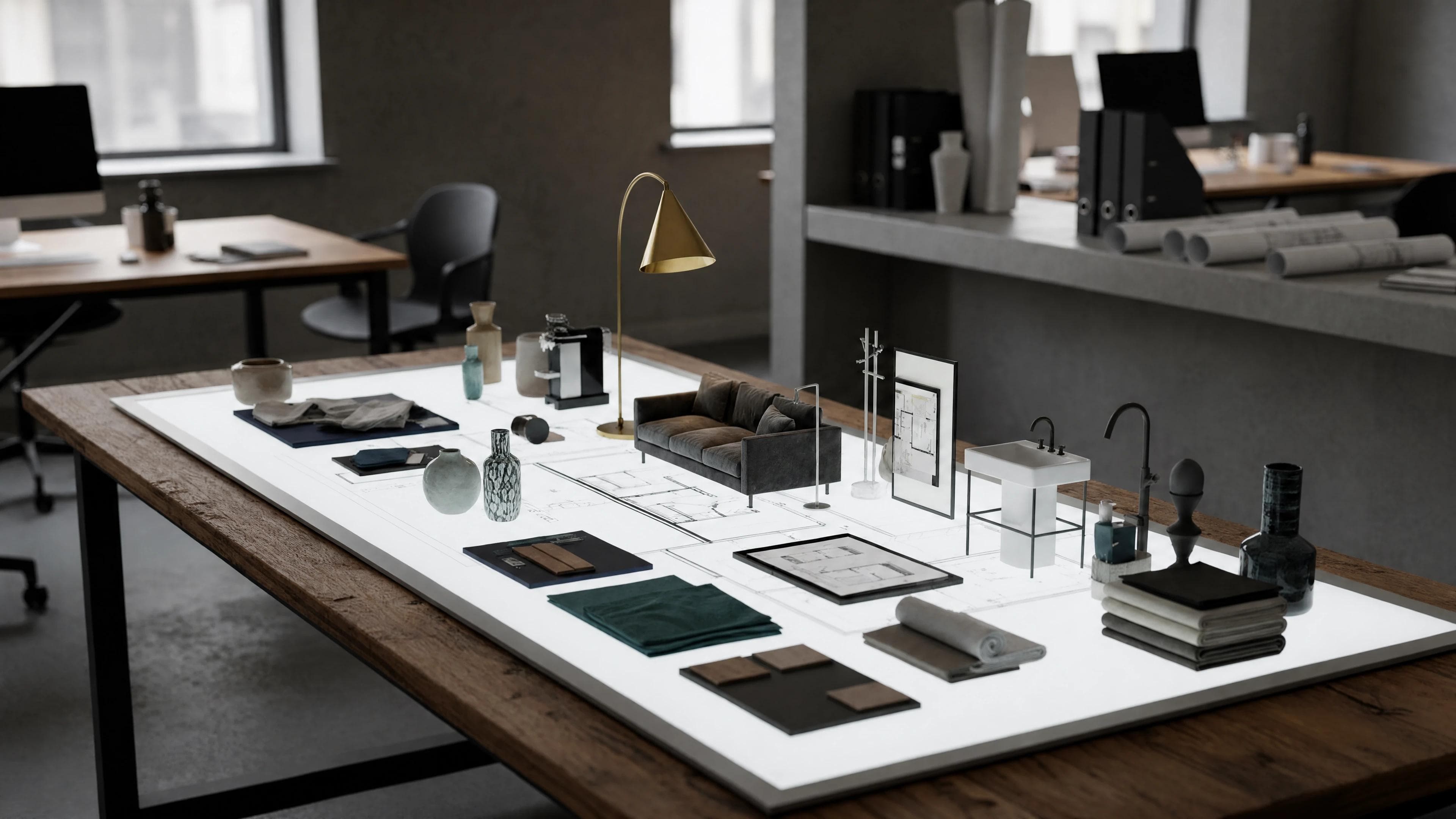FF&E planning table with furniture samples and finish boards