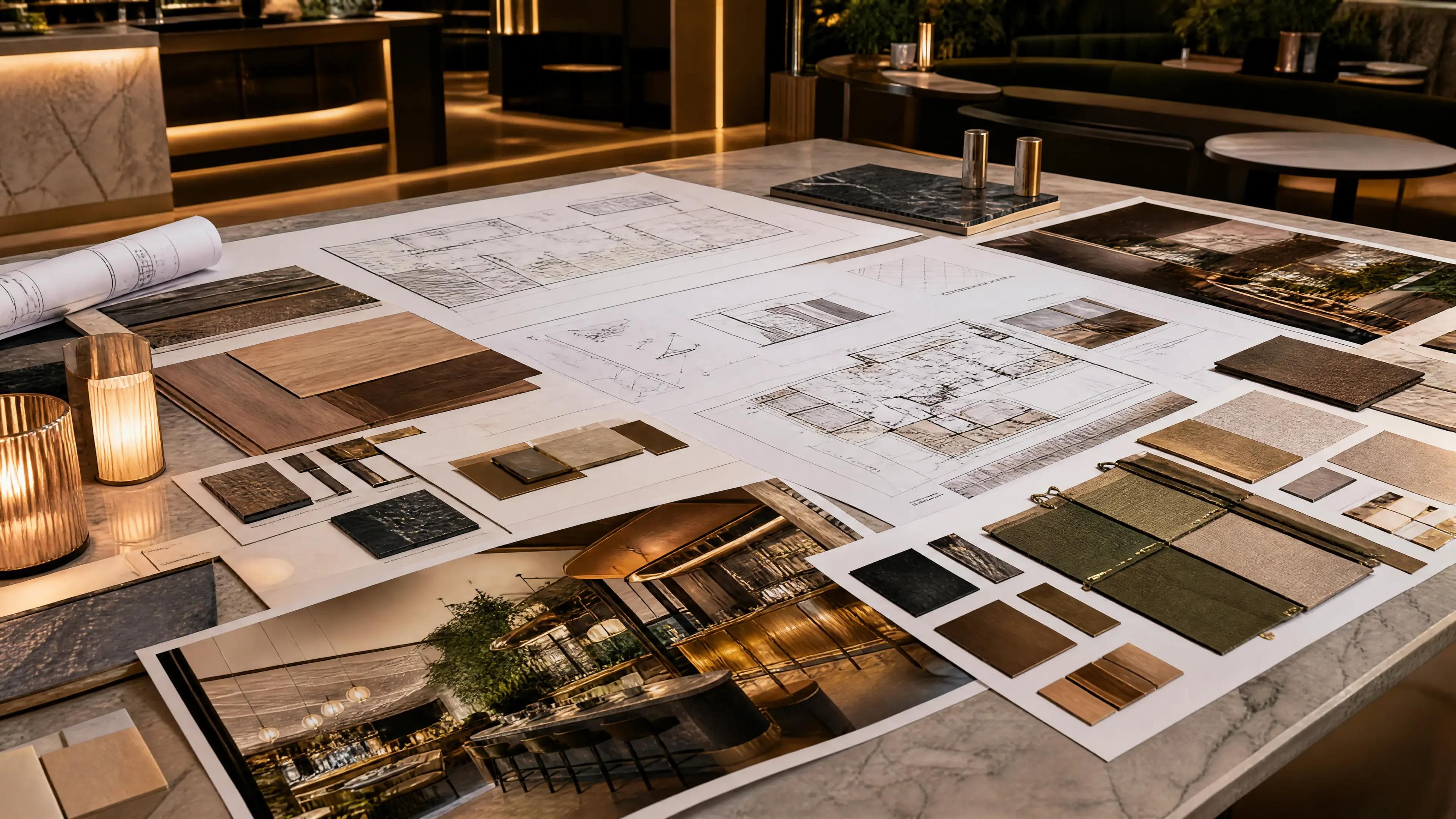 Design table with drawings, finish samples, and hospitality concept images